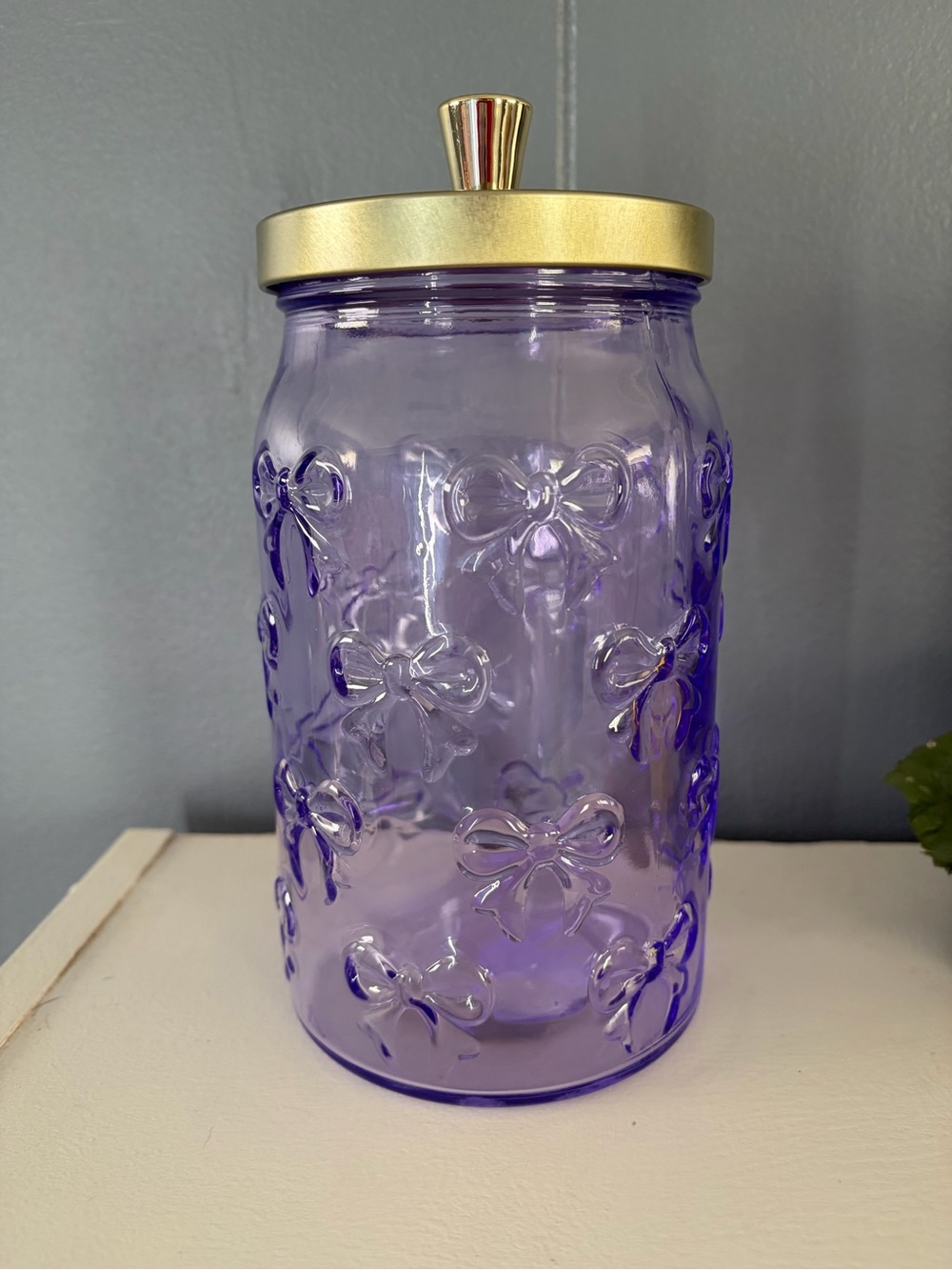 Purple Embossed Bow Glass Jar with Gold Lid